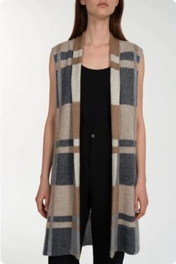 Women's 1775 Long Plaid Vest Cardigan Size M Open Front Sleeveless Tan Blue EXC